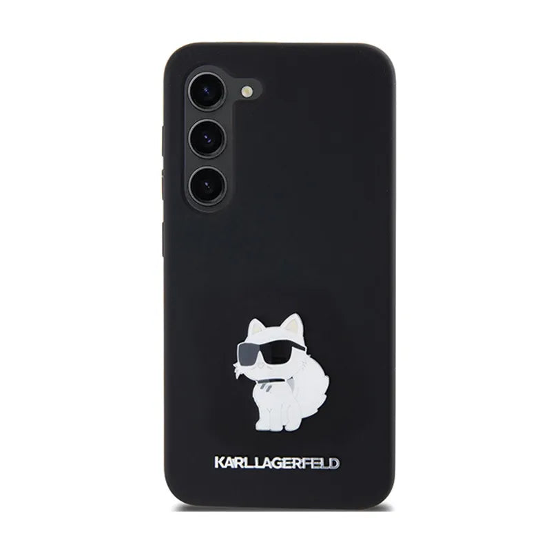 Karl Lagerfeld Silicone Choupette Metal Pin – dėklas Samsung Galaxy S24 (juodas)