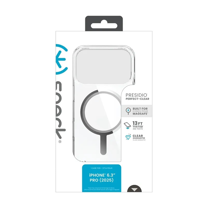Speck Presidio Perfect Clear MagSafe – iPhone 17 Pro dėklas (skaidrus / sidabrinis)