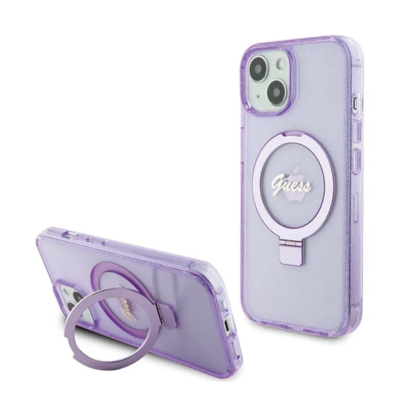 Guess Ring Stand Script Glitter MagSafe – dėklas Apple iPhone 15 Plus (violetinis)