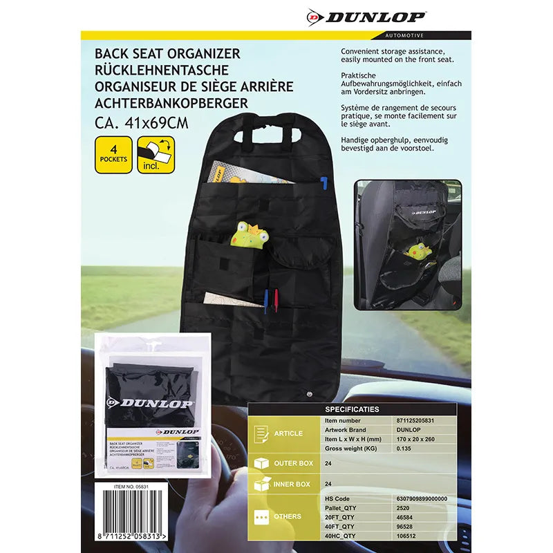 Dunlop – automobilinis organizatorius / daiktadėžė / sėdynės apsauga (juodas)