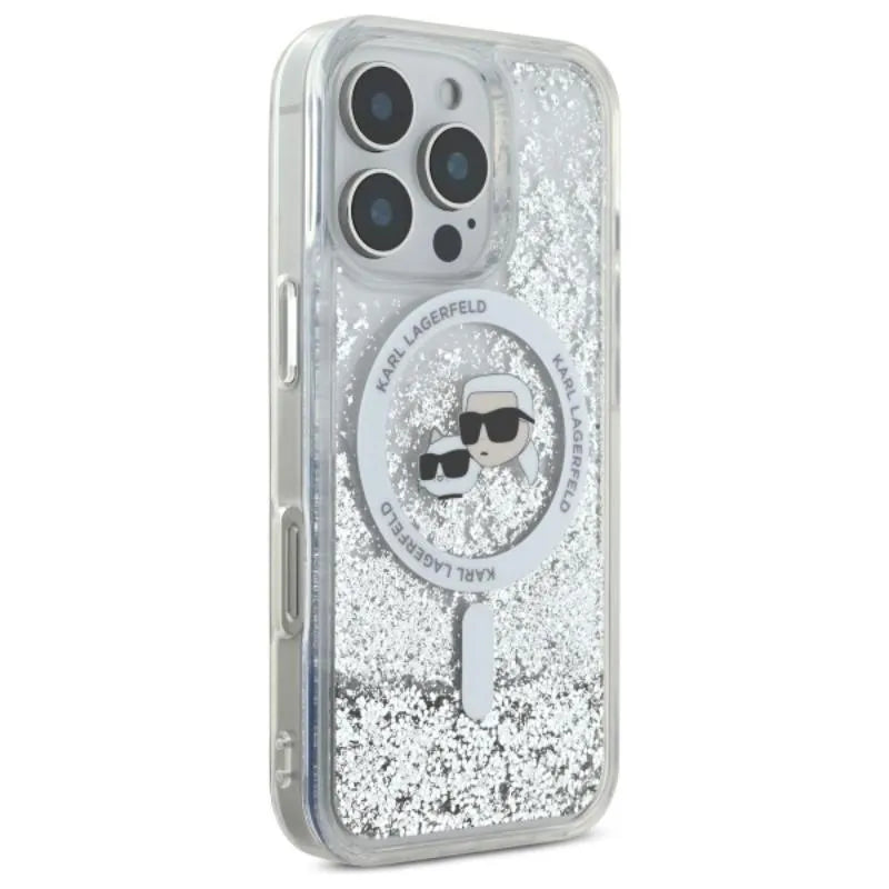 Karl Lagerfeld Liquid Glitter Karl & Choupette Head MagSafe – dėklas iPhone 16 Pro (skaidrus)