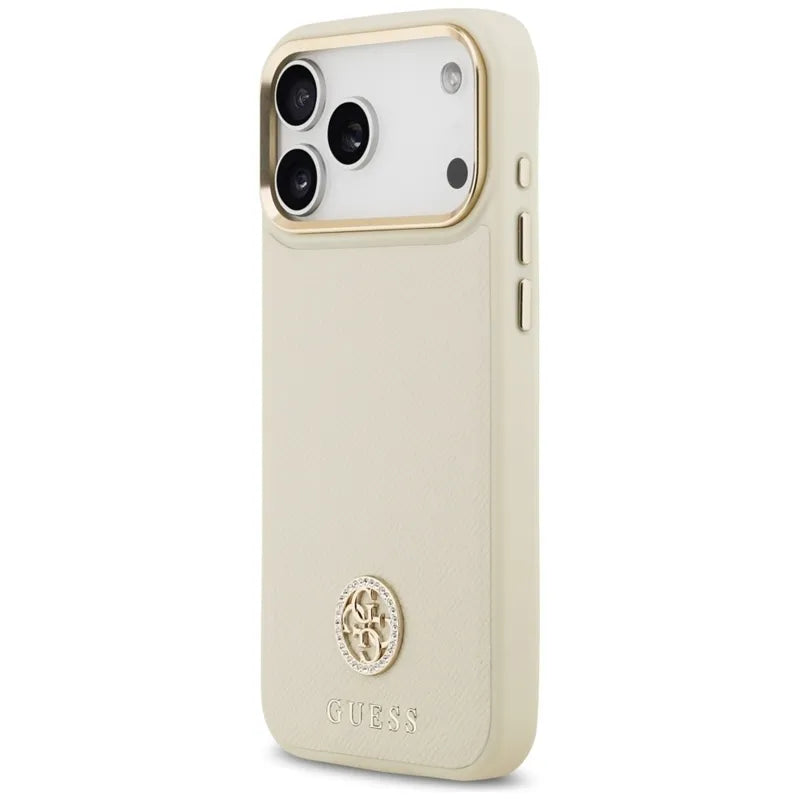 Guess Grained Strass Logo MagSafe - Dėklas iPhone 17 Pro Max (smėlio spalvos)