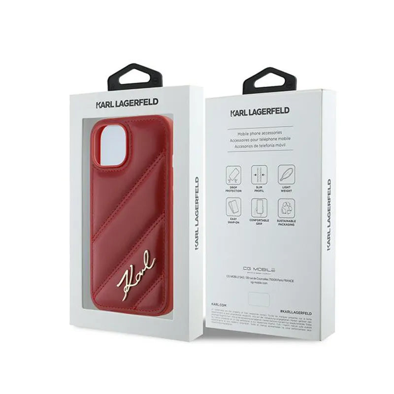 Karl Lagerfeld Diagonal Quilted Script - dėklas, skirtas iPhone 15 / 14 / 13 (raudonas)