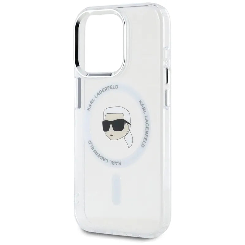 Karl Lagerfeld IML Metal Karl Head MagSafe – dėklas iPhone 15 Pro Max (baltas)