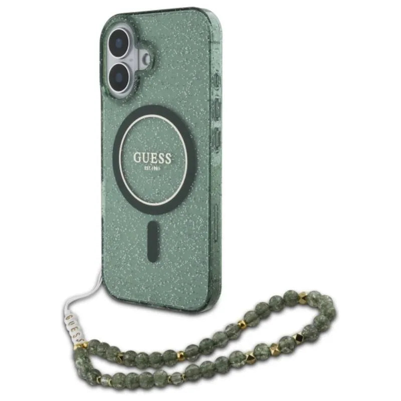 Guess IML Glitter With Pearl Strap MagSafe – dėklas, skirtas iPhone 16 Plus (žalias)