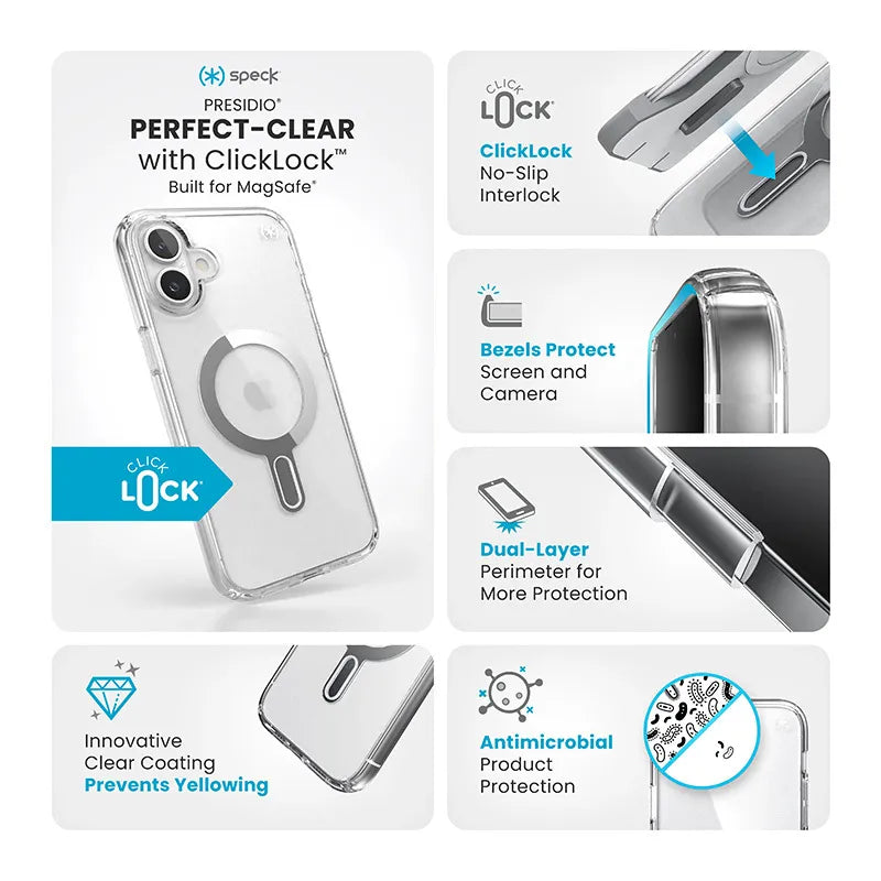 Speck Presidio Perfect-Clear ClickLock & MagSafe – iPhone 16 Plus dėklas (skaidrus / chromuota apdaila / Serene Silver)