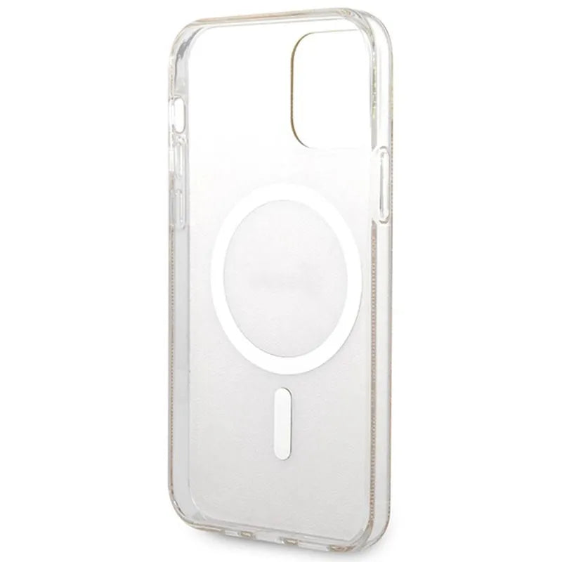 Guess Bundle Pack MagSafe 4G – dėklo „iPhone 12 / iPhone 12 Pro“ + „MagSafe“ įkroviklio rinkinys (ruda/auksinė)