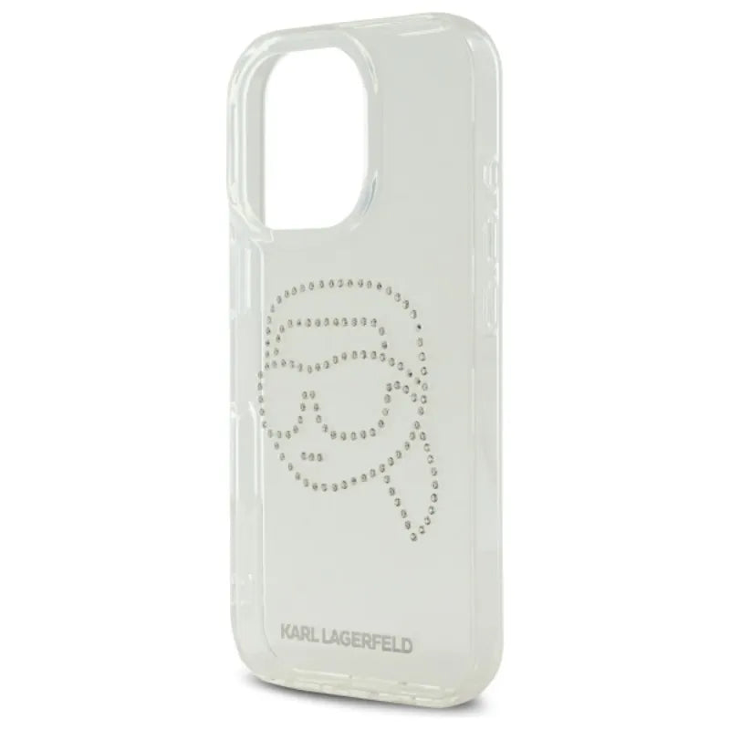 Karl Lagerfeld IML Rhinestones Karl Head dėklas, skirtas iPhone 16 Pro (skaidrus)