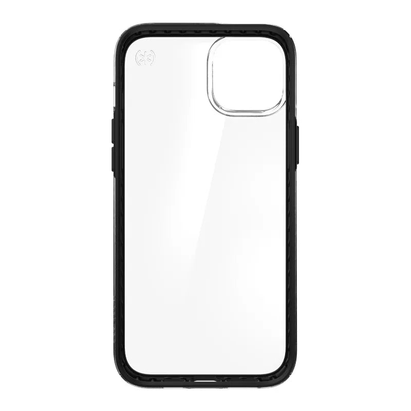 Speck Presidio Perfect-Clear su Impact Geometry – iPhone 15 Plus / 14 Plus dėklas su MICROBAN danga (skaidrus / juodas)