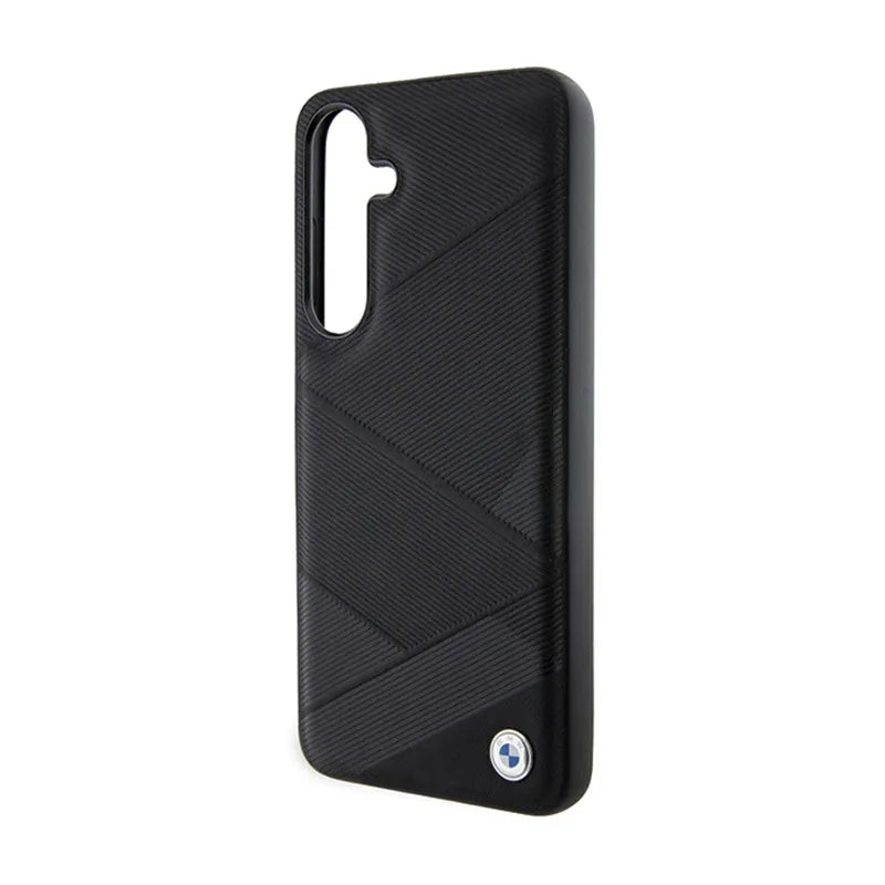 BMW Signature Leather Crossing Lines Pattern – Dėklas Samsung Galaxy S24+ telefonui (juodas)