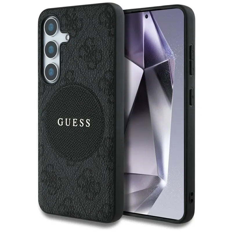 Guess 4G Round Patch Classic Logo MagSafe – dėklas Samsung Galaxy S25 (juodas)