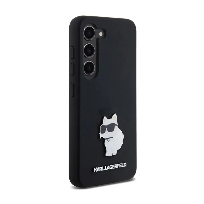 Karl Lagerfeld Silicone Choupette Metal Pin – dėklas Samsung Galaxy S24 (juodas)