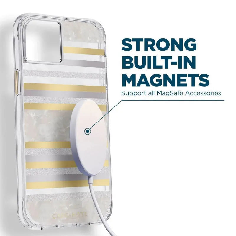 Case-Mate Pearl Stripes MagSafe – perlamutru dekoruotas dėklas, skirtas iPhone 14 / iPhone 13 (Pearl Stripes)