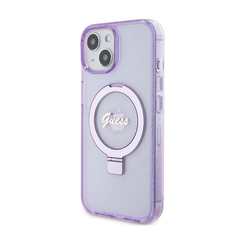Guess Ring Stand Script Glitter MagSafe – dėklas Apple iPhone 15 Plus (violetinis)