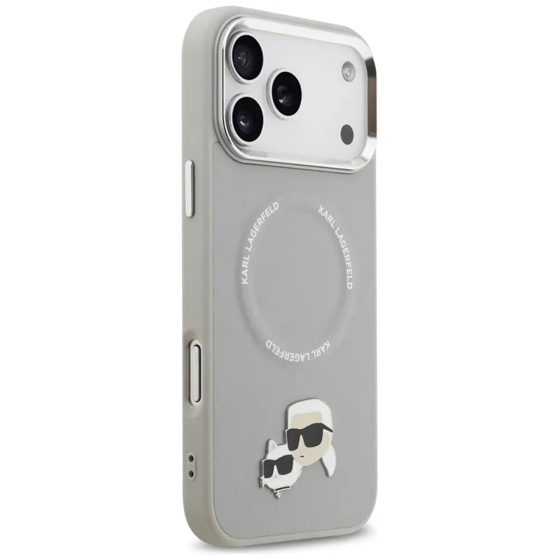 Karl Lagerfeld Karl & Choupette Pins MagSafe – dėklas, skirtas iPhone 17 Pro (pilkas)