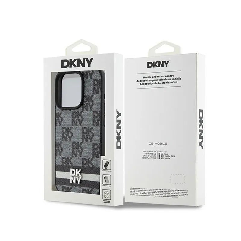 DKNY Leather Checkered Mono Pattern & Printed Stripes – iPhone 15 Pro dėklas (juodas)