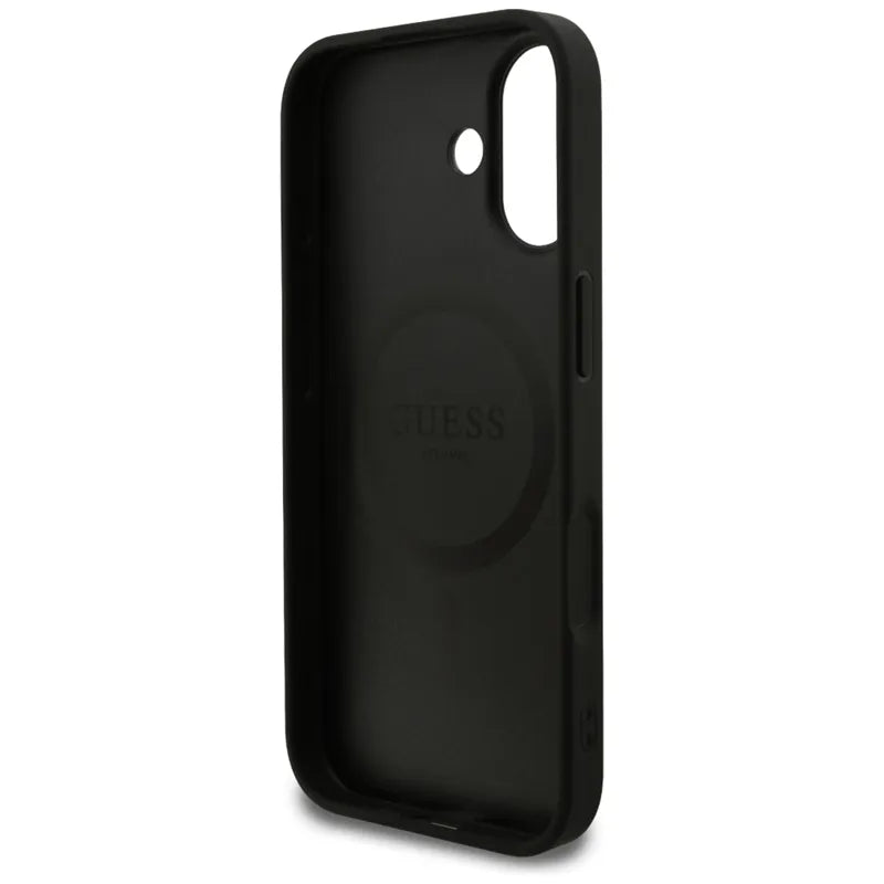 Guess Grained Ring MagSafe – dėklas iPhone 17 (juodas)