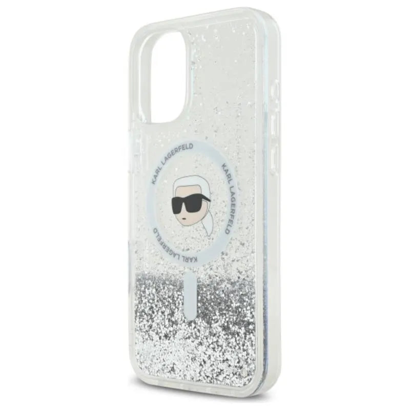 Karl Lagerfeld Liquid Glitter Karl Head MagSafe - dėklas, skirtas iPhone 16 Plus (skaidrus)