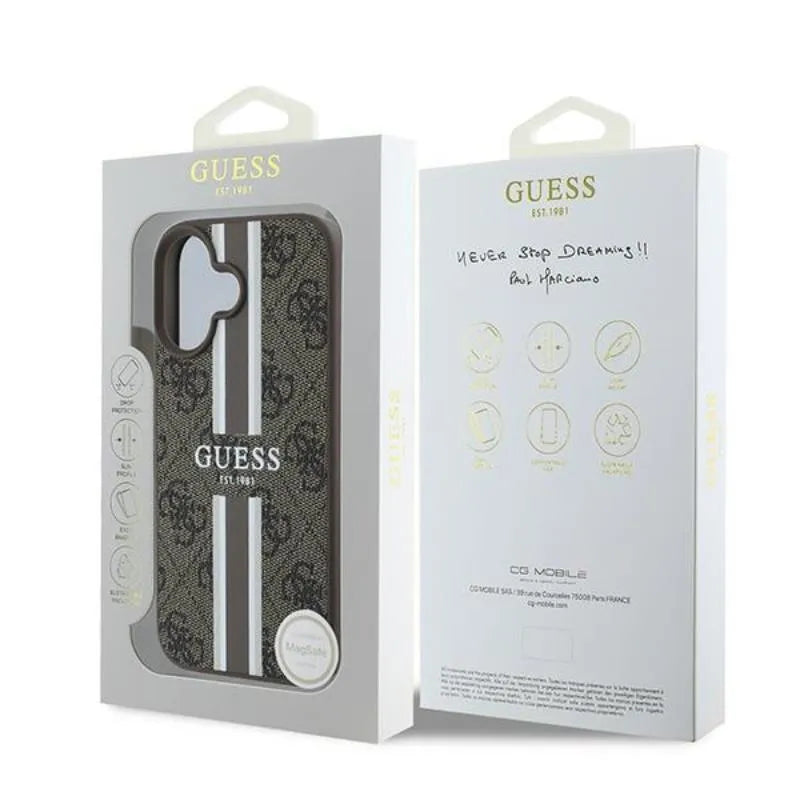 Guess 4G Printed Stripes MagSafe – dėklas iPhone 16 Plus (ruda)
