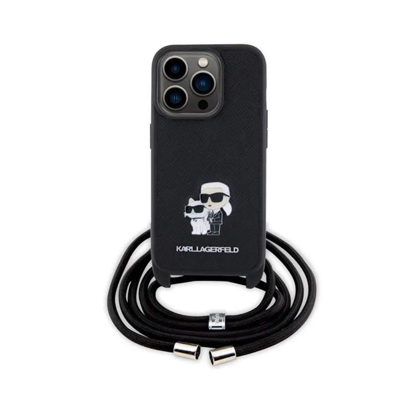 Karl Lagerfeld Crossbody Saffiano Metal Pin Karl & Choupette dėklas, skirtas iPhone 15 Pro (juodas)