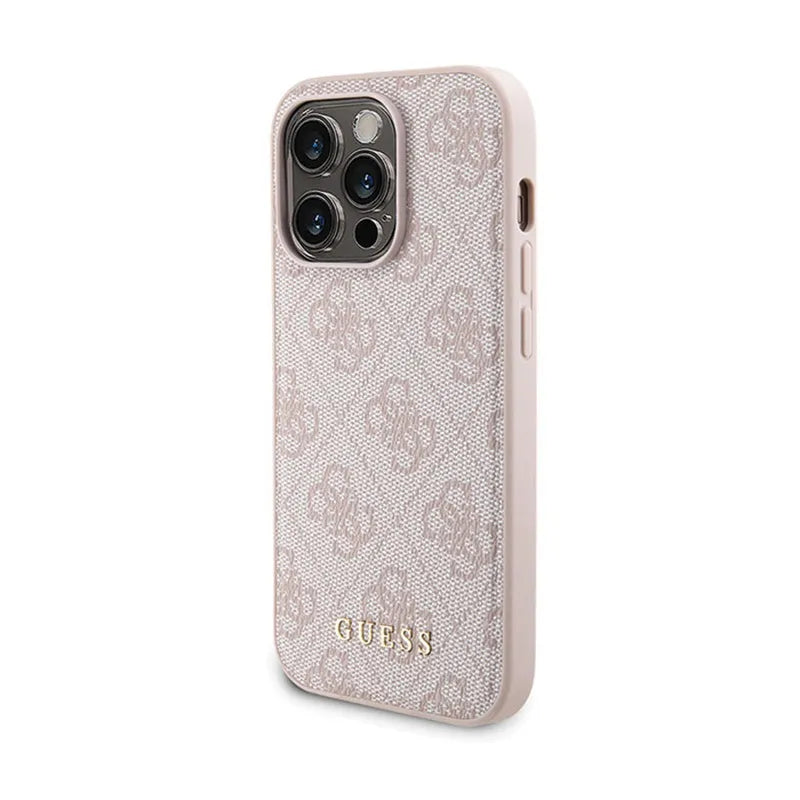 Guess rinkinys MagSafe 4G Metal Gold Logo – dėklas + 5000mAh MagSafe maitinimo bankas, skirtas iPhone 14 Pro (rožinis)