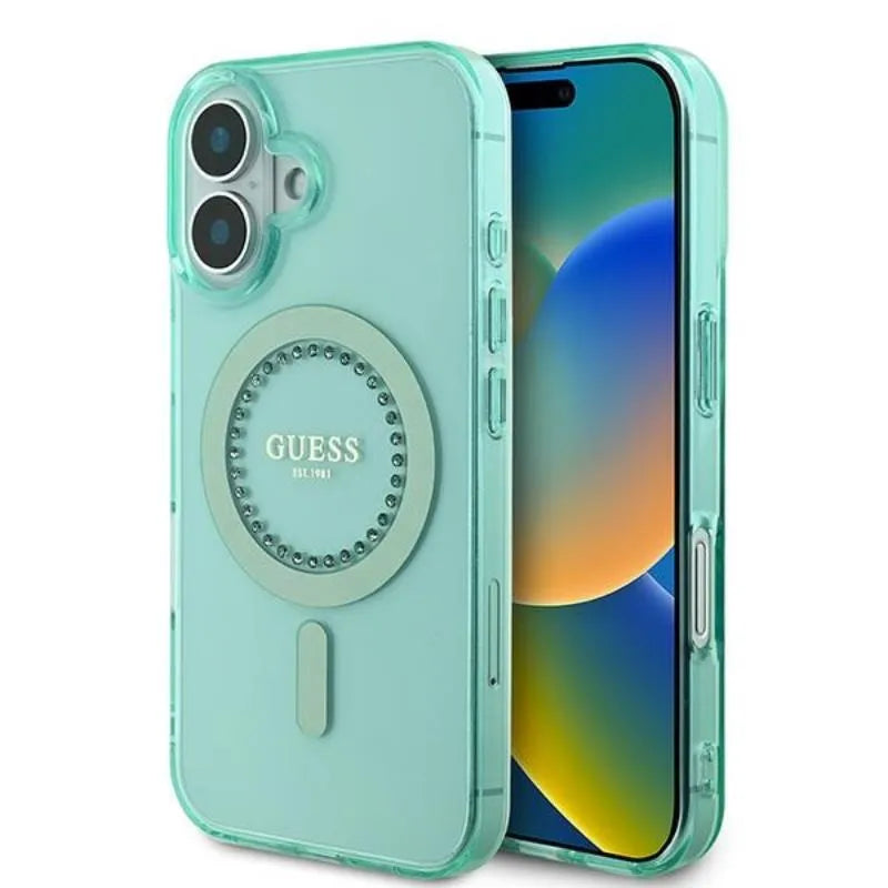 Guess IML Rhinestones MagSafe – dėklas iPhone 16 Plus (žalias)
