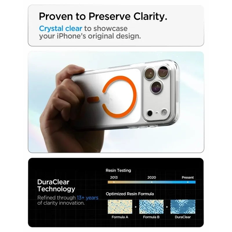 Spigen Ultra Hybrid Mag MagSafe – dėklas, skirtas iPhone 18 Pro / 17 Pro (skaidrus / oranžinis)