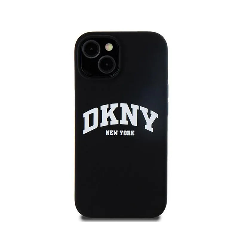 DKNY Liquid Silicone White Printed Logo MagSafe – Dėklas iPhone 14 / 15 / 13 (juodas)
