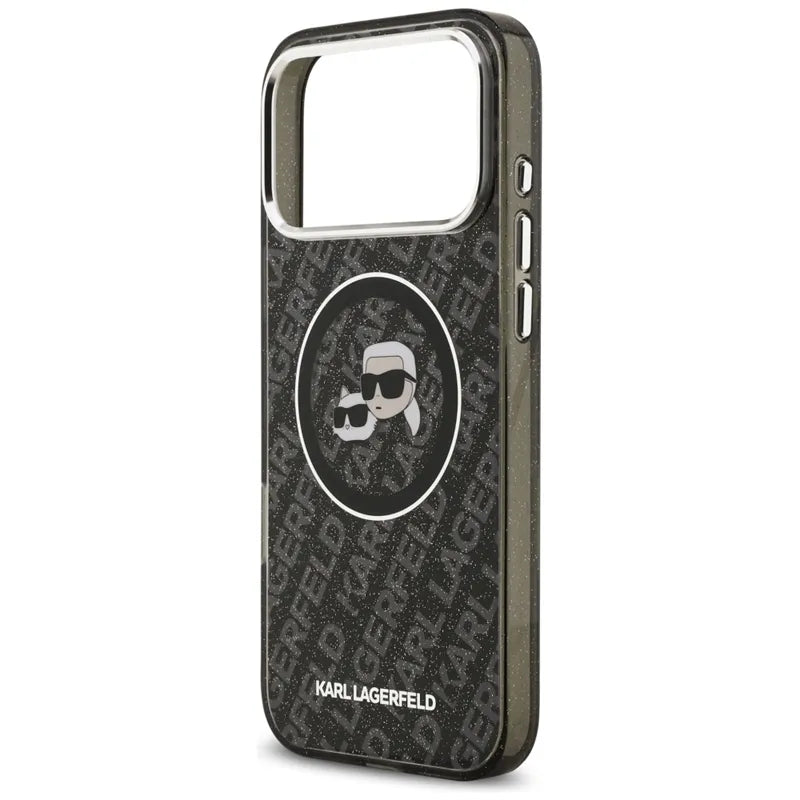 Karl Lagerfeld IML Glitter Karl & Choupette Heads Logo MagSafe – dėklas iPhone 17 Pro Max (juodas)