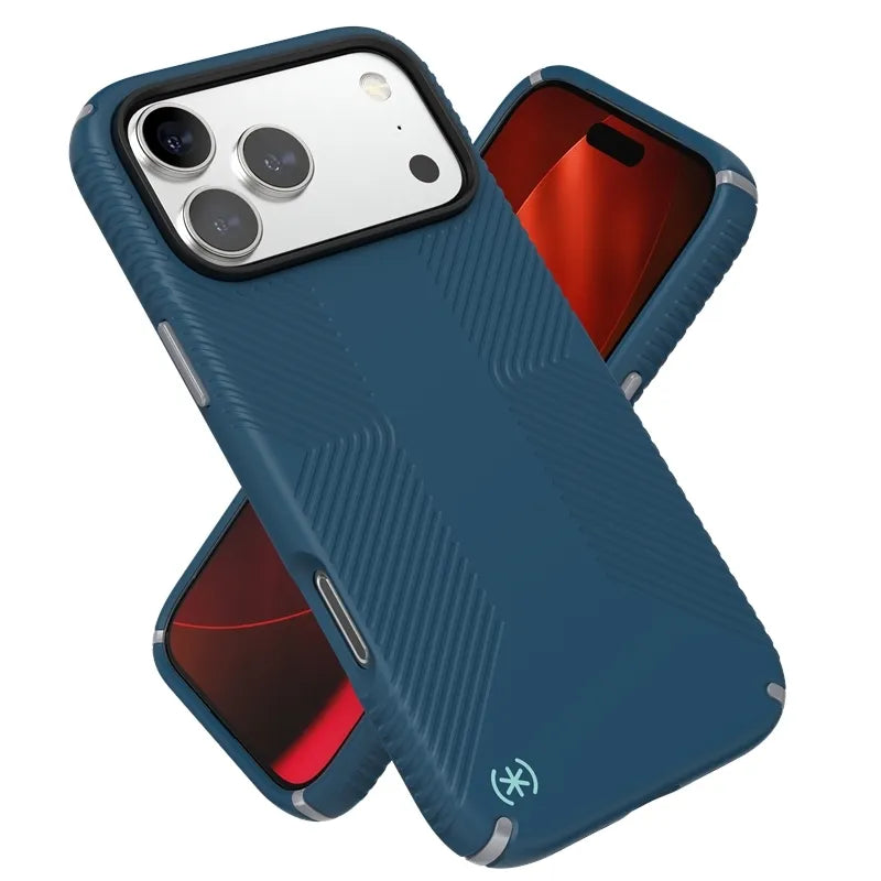 Speck Presidio2 Grip MagSafe – dėklas iPhone 17 Pro Max (Deep Sea/sidabrinė metalo spalva)