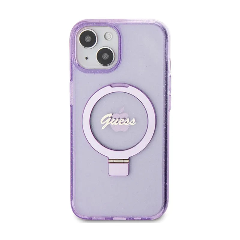 Guess Ring Stand Script Glitter MagSafe – dėklas Apple iPhone 15 Plus (violetinis)