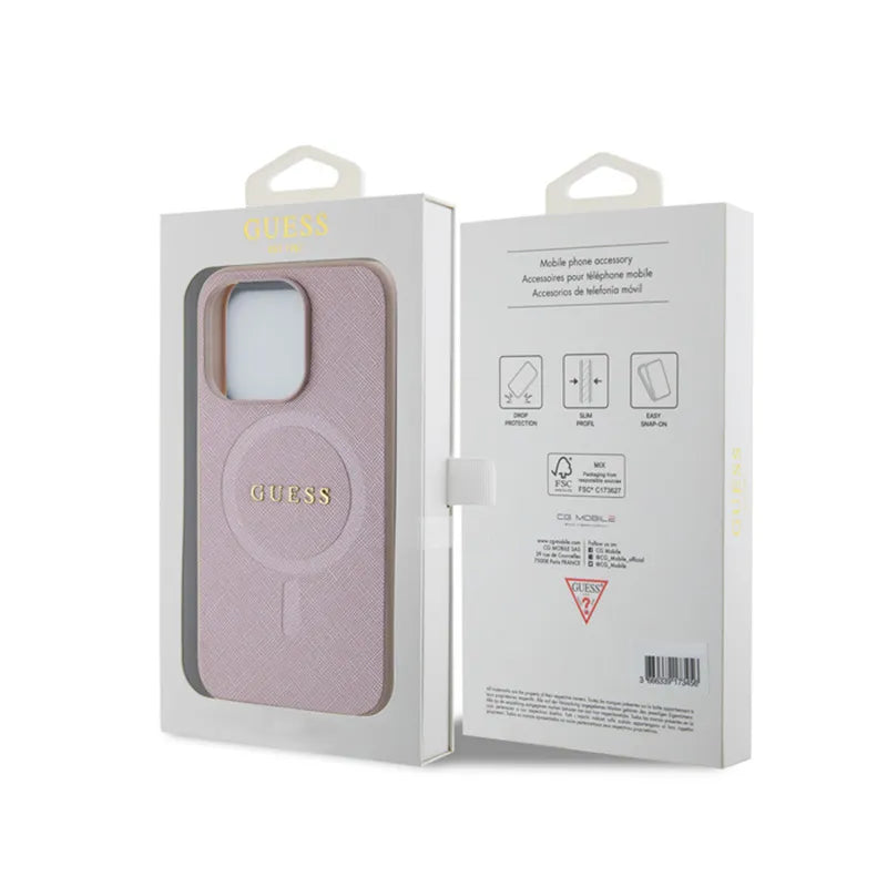 Guess Saffiano MagSafe – dėklas iPhone 15 Pro telefonui (rožinis)