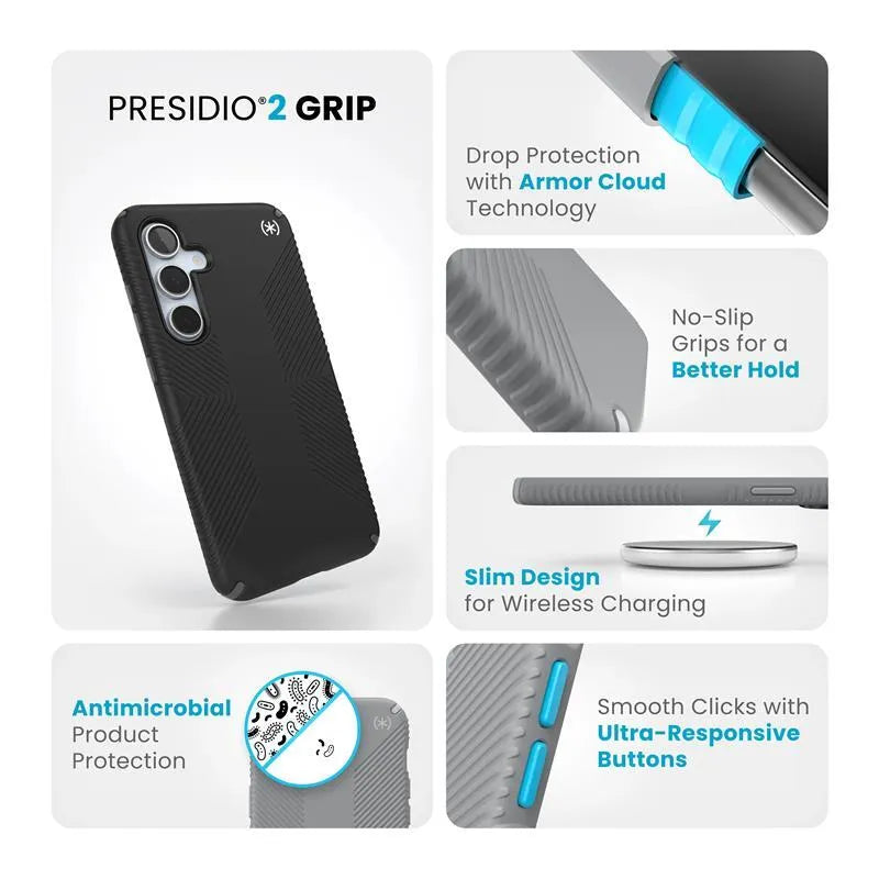 Speck Presidio2 Grip – dėklas Samsung Galaxy S24 FE (juodas/pilkas/baltas)
