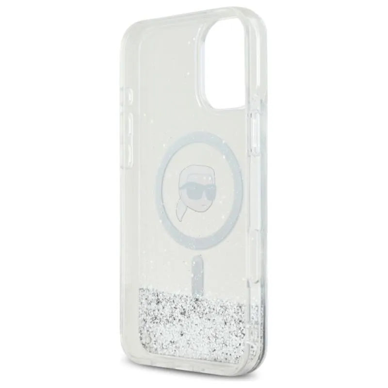 Karl Lagerfeld Liquid Glitter Karl Head MagSafe - dėklas, skirtas iPhone 16 Plus (skaidrus)