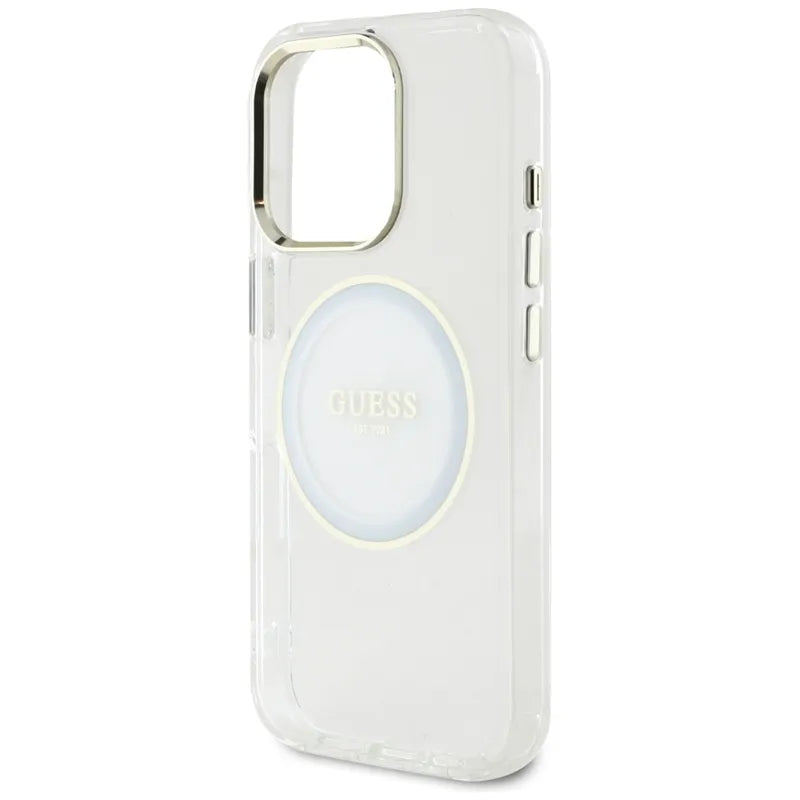 Guess IML Metal Colored Circle Classic Logo MagSafe - dėklas iPhone 16 Pro (baltas)