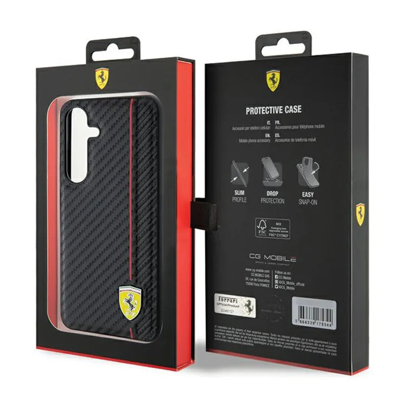 Ferrari Carbon Printed Line – dėklas Samsung Galaxy S24+ telefonui (juodas)