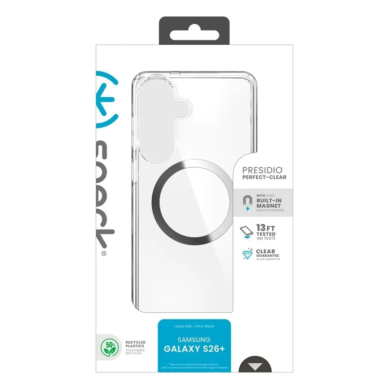 Speck Presidio Perfect-Clear Magnet – Samsung Galaxy S26+ MagSafe dėklas (Skaidrus/Skaidrus/Sidabrinis)
