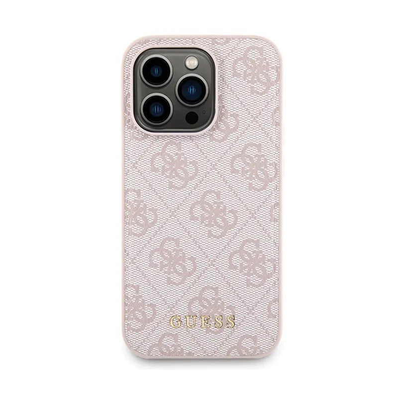 Guess rinkinys MagSafe 4G Metal Gold Logo – dėklas + 5000mAh MagSafe maitinimo bankas, skirtas iPhone 14 Pro (rožinis)