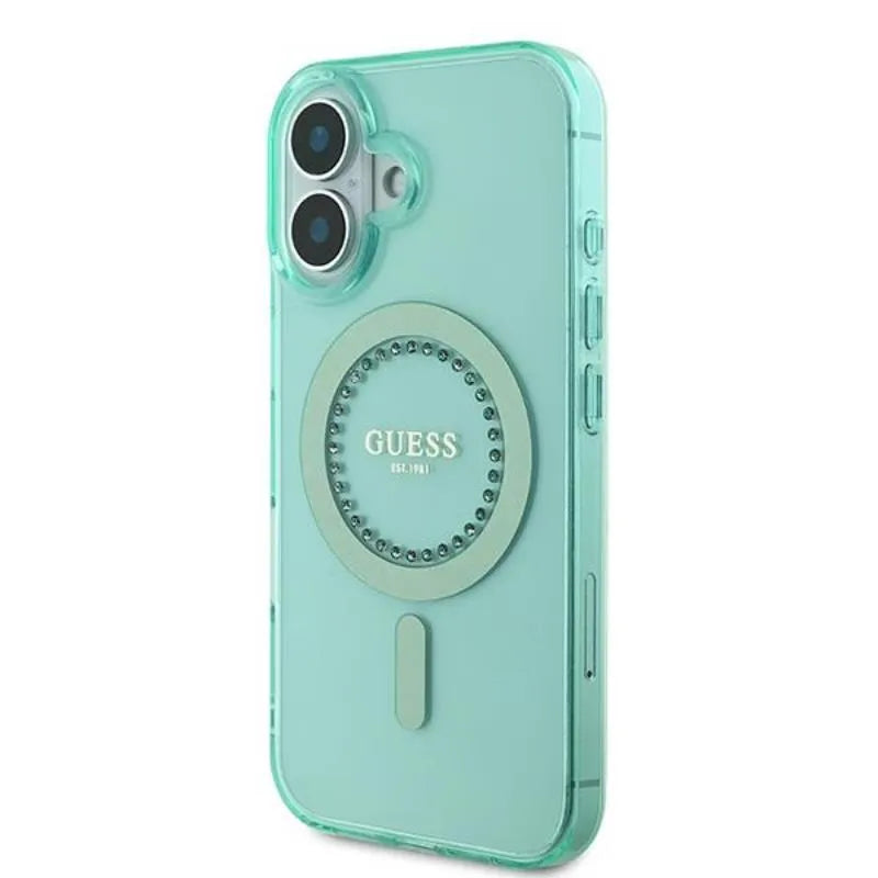 Guess IML Rhinestones MagSafe – dėklas iPhone 16 Plus (žalias)