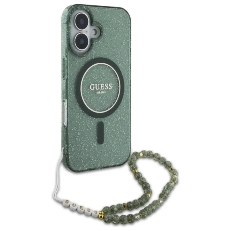 Guess IML Glitter With Pearl Strap MagSafe – dėklas, skirtas iPhone 16 Plus (žalias)