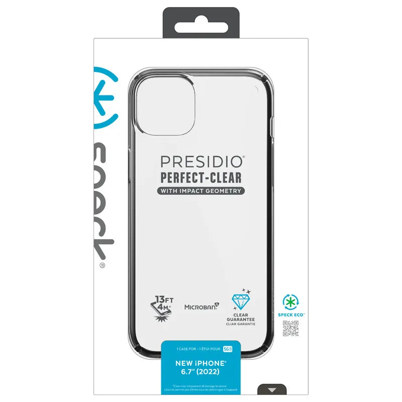 Speck Presidio Perfect-Clear su Impact Geometry – iPhone 15 Plus / 14 Plus dėklas su MICROBAN danga (skaidrus / juodas)