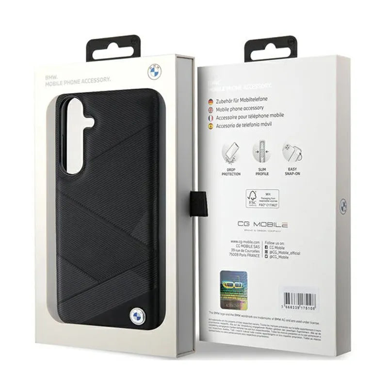 BMW Signature Leather Crossing Lines Pattern – Dėklas Samsung Galaxy S24+ telefonui (juodas)