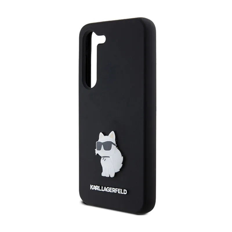 Karl Lagerfeld Silicone Choupette Metal Pin – dėklas Samsung Galaxy S24 (juodas)