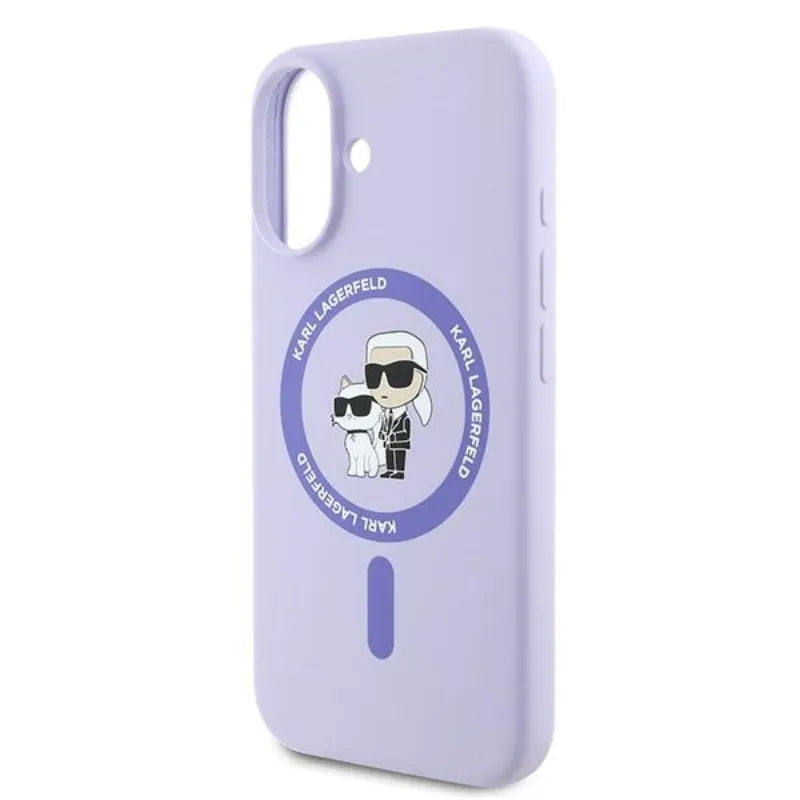 Karl Lagerfeld Silicone Karl & Choupette Ring MagSafe – Dėklas iPhone 16 Plus (violetinis)