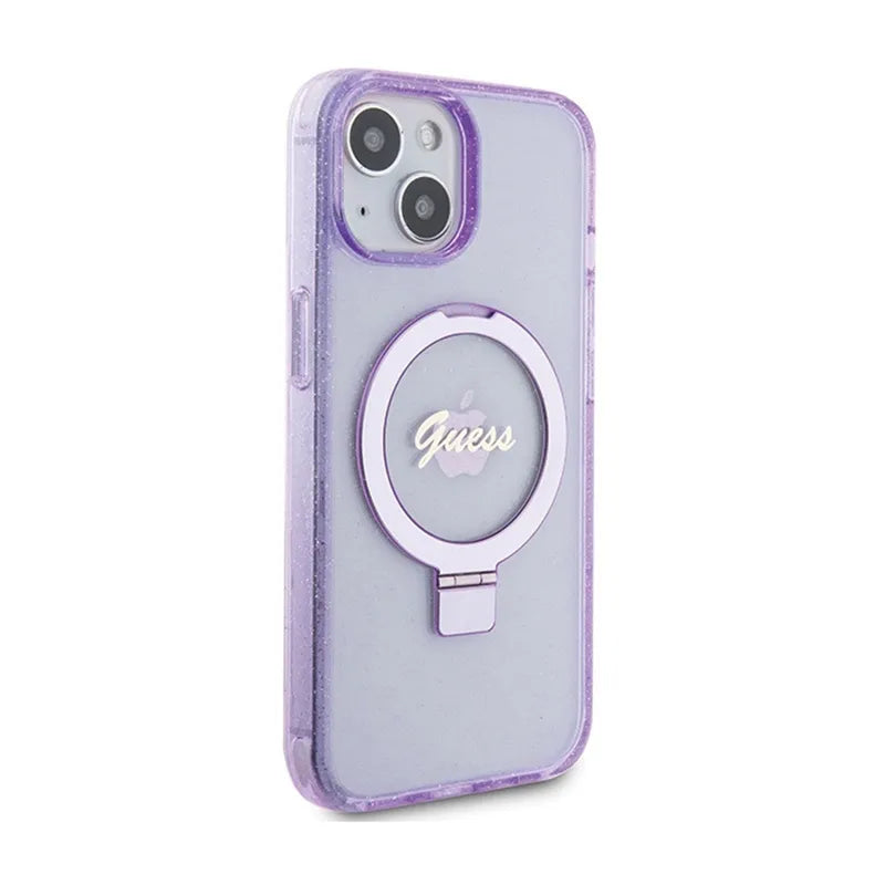 Guess Ring Stand Script Glitter MagSafe – dėklas Apple iPhone 15 Plus (violetinis)