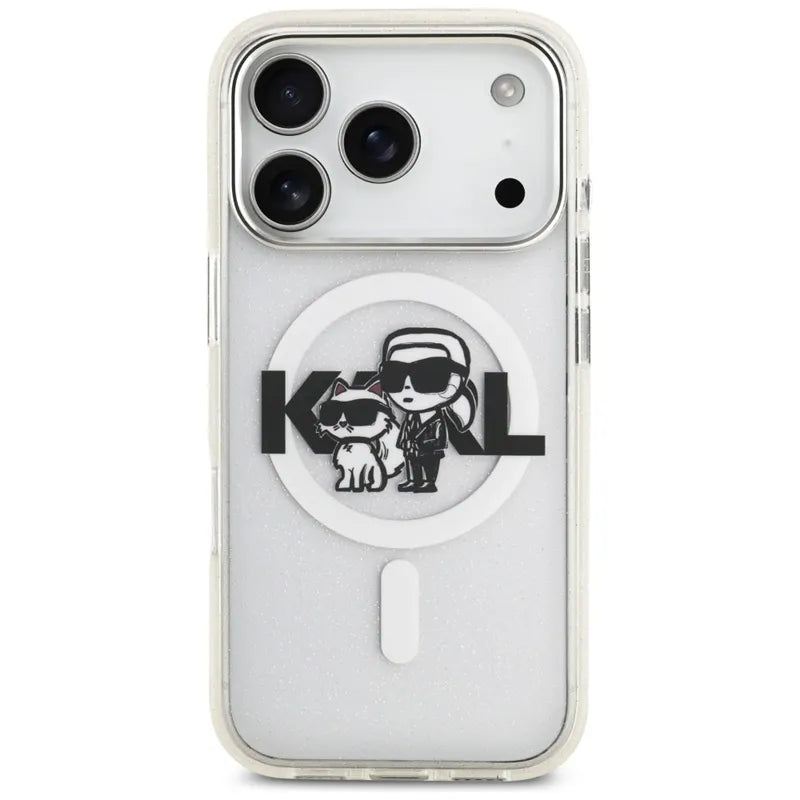 Karl Lagerfeld IML Glitter Karl & Choupette Sketch Logo MagSafe – Dėklas iPhone 17 Pro (skaidrus)