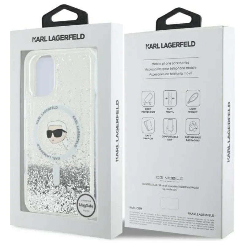 Karl Lagerfeld Liquid Glitter Karl Head MagSafe - dėklas, skirtas iPhone 16 Plus (skaidrus)