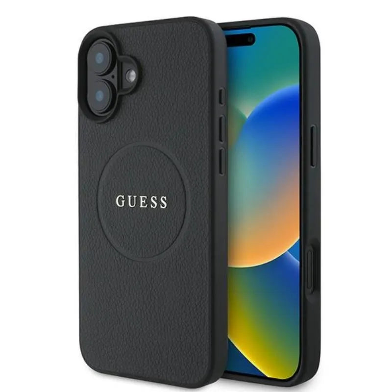 Guess Grained Ring MagSafe – Dėklas iPhone 16 Plus (juodas)
