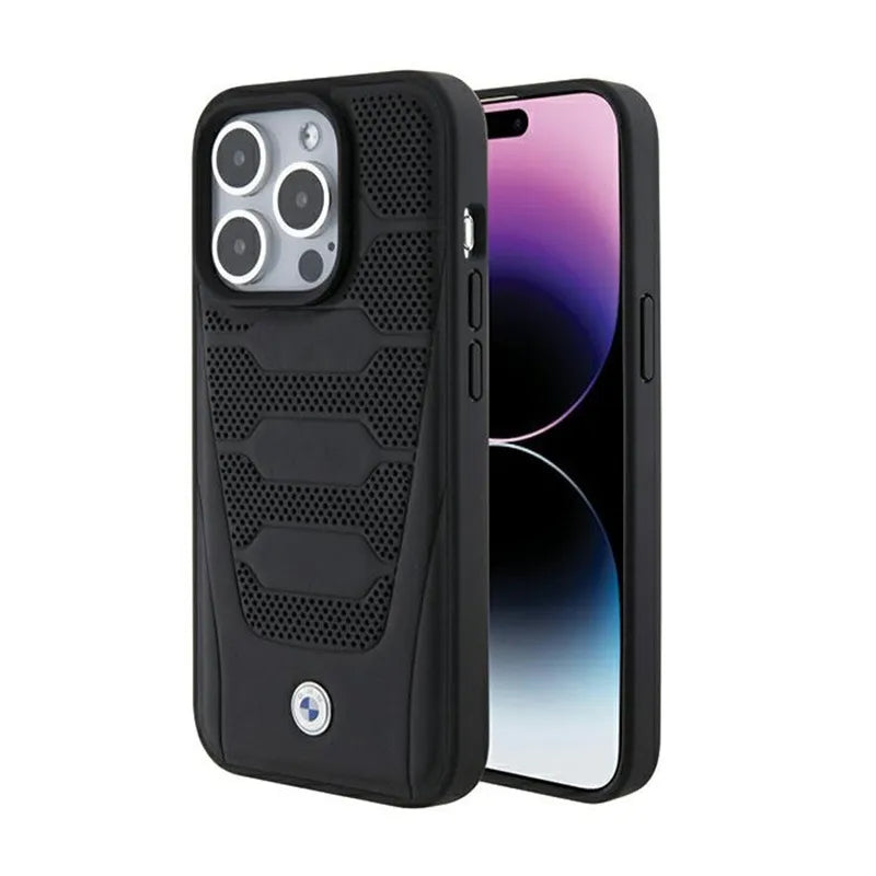 BMW odos sėdynių rašto dėklas, skirtas iPhone 15 Pro Max (juodas)