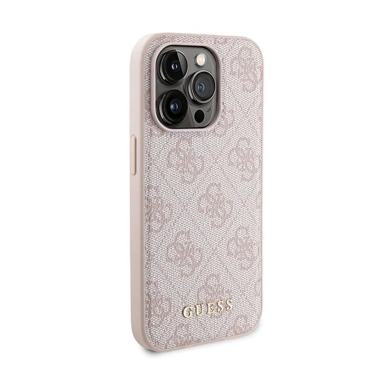 Guess rinkinys MagSafe 4G Metal Gold Logo – dėklas + 5000mAh MagSafe maitinimo bankas, skirtas iPhone 14 Pro (rožinis)